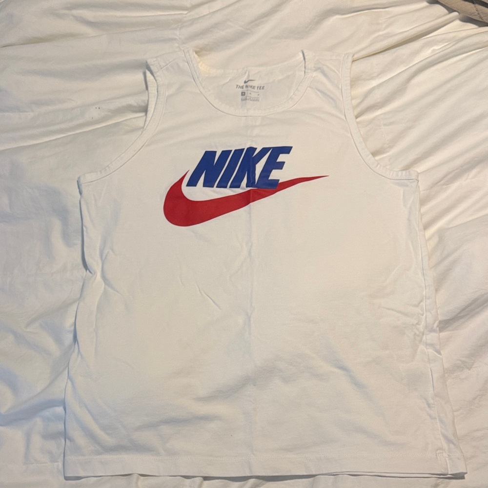 Nike White Tank with Red Swoosh and Blue Logo Print - Medium